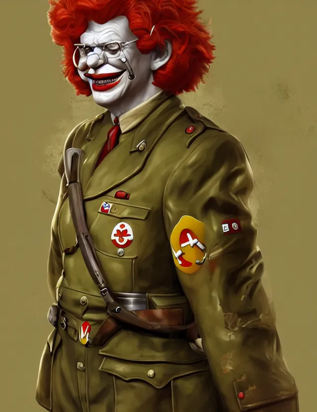 Image similar to a portrait of ronald mcdonald wearing a ww 2 german uniform, by moebius and tyler edlin and hr giger, trending on artstation, digital art, 4 k resolution, detailed, high quality, sharp focus, hq artwork, coherent, insane detail, concept art