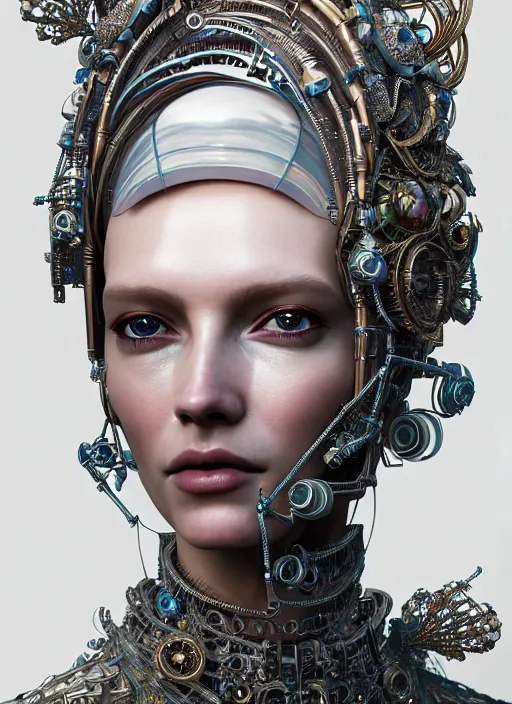 Image similar to portrait of an absurdly beautiful, graceful, sophisticated, fashionable cyberpunk mechanoid, hyperdetailed illustration by irakli nadar and vania zouravliov, matt wisniewski style, intricate linework, mother of pearl porcelain skin, faberge headdress, unreal engine 5 highly rendered, global illumination, radiant light, detailed and intricate environment