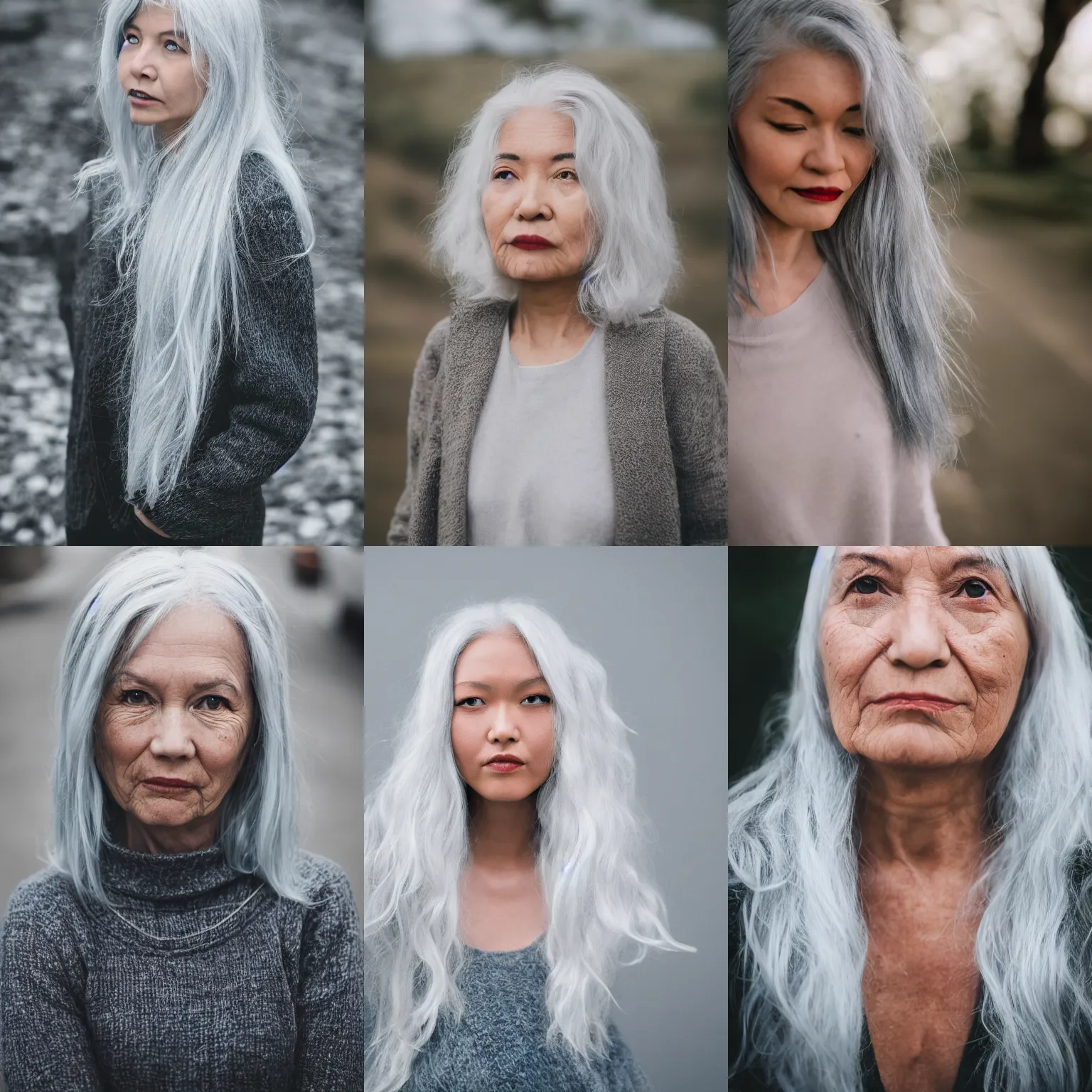 Prompt: Woman with silver hair, medium shot, Canon EOS R3, f/1.4, ISO 200, 1/160s, 8K, RAW, unedited, symmetrical balance, in-frame