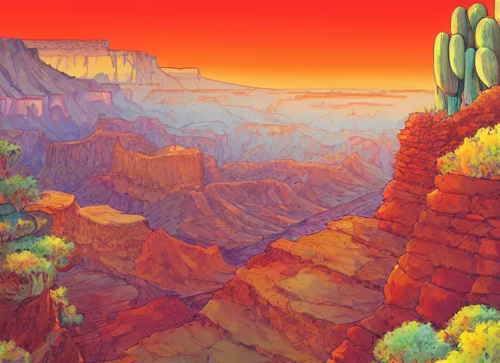 Prompt: big fantastic detailed waves wash the desert valley!! high angle! grand canyon! beautifull spring day with orange! optimistic illustration anime style, by killian eng, by studio ghibli