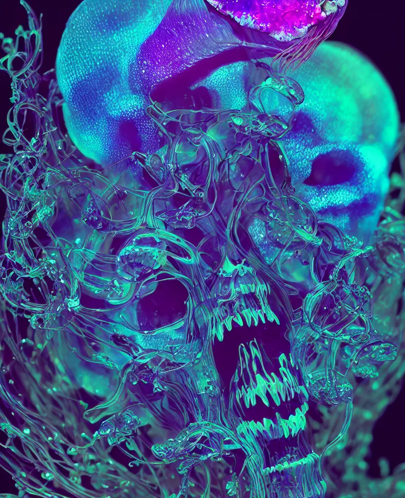 Image similar to close-up portrait of skull dichroic orchid jellyfish skull, betta fish, bioluminiscent creatures, intricate artwork by Tooth Wu and wlop and beeple. octane render, trending on artstation, greg rutkowski very coherent symmetrical artwork. cinematic, hyper realism, high detail, octane render, 8k