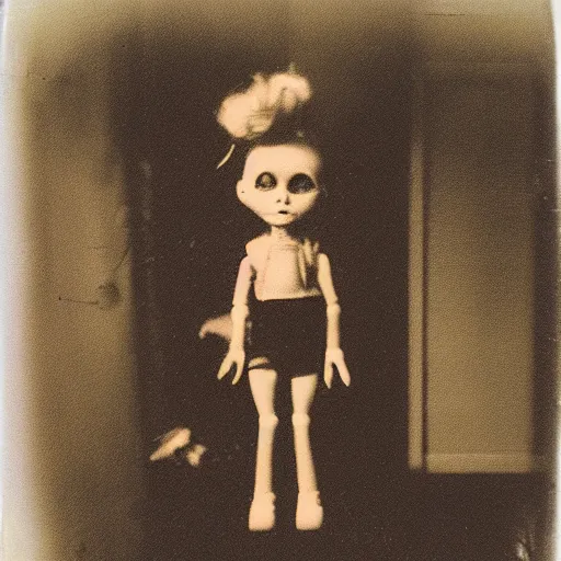 Prompt: aged polaroid photo of a scary doll in empty room, gloomy, grainy