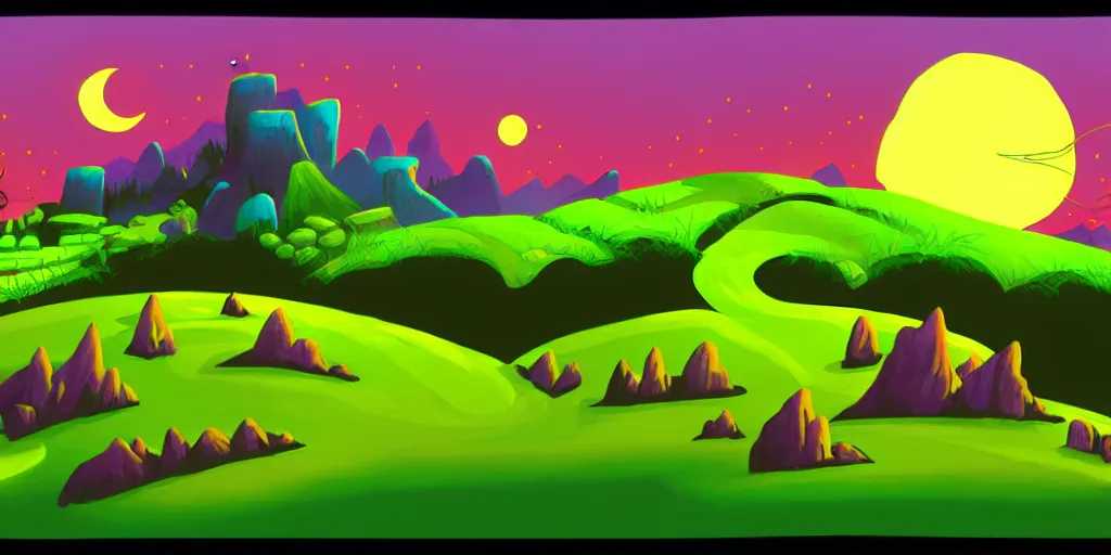 Prompt: cartoon concept art, grass mountain night landscape, from sam and max