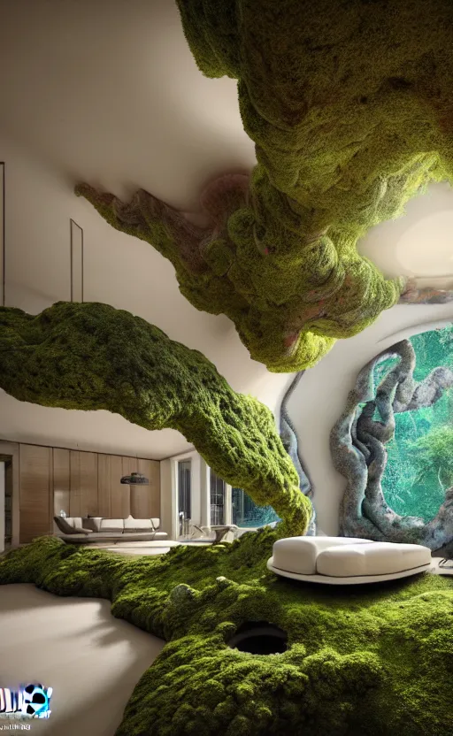 Image similar to highly detailed villa natural beautiful light interior soft cinematic composition of a smooth ceramic porcelain biomorphic magnolia stone nebula fluid sci - fi surreal colorful architecture landscape, furniture, granite, trees, marble, moss, lichen, fungi, vincent callebaut composition, mamou - mani, archviz, 8 k, unreal engine, hdr