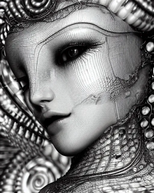 Image similar to mythical dreamy black and white organic bio-mechanical spinal ribbed profile face portrait detail of translucent steampunk beautiful female angelic-human-queen-vegetal-cyborg, highly detailed, intricate crystal jelly ornate, poetic, 3D render, digital art, octane render, 8K artistic photography, photo-realistic, by Dora Maar