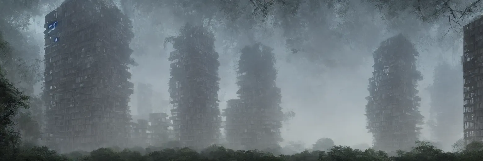 Prompt: brutalist architecture inspired by louis kahn deep in the rainforest. nature is taking over. matte painting in the style of eddie mendoza. mist. cinematic.