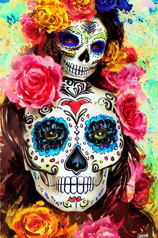 Image similar to Illustration of a sugar skull day of the dead girl, art by John Berkey