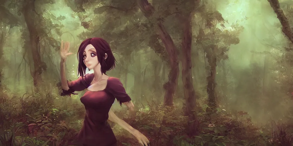 Prompt: woman in fantasy forest, art style anime realism, even brush strokes, texture overlay, 3 d, ambient occlusion