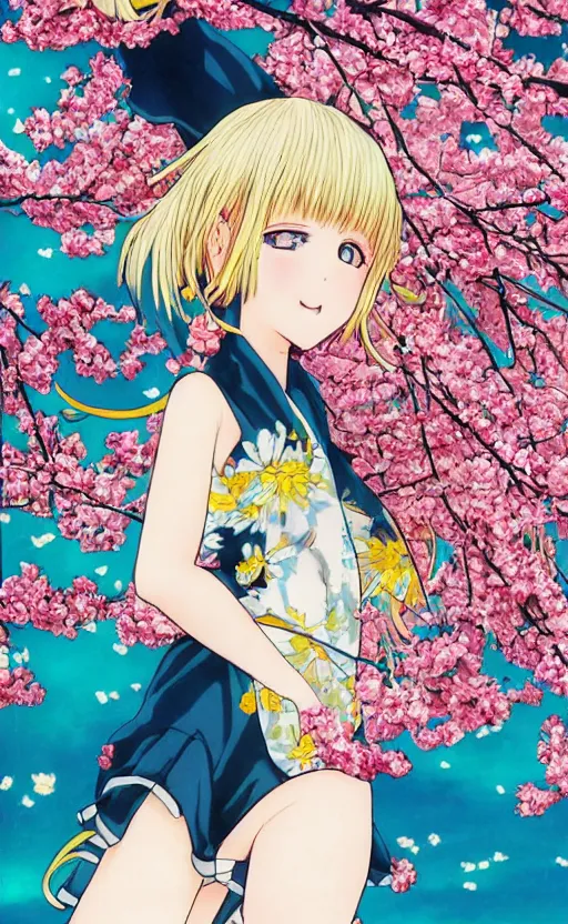 Prompt: by akio watanabe, manga art, realistic anatomy, a blondee girl and blossoming sakura petals, trading card front, kimono, sun in the background