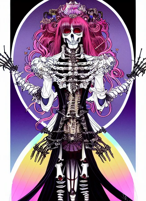 Image similar to highly detailed terada katsuya artstation ayami kojima manga poster of princess mechine as fanged vampire skeleton, rainbow gradient reflection, long hair, armor, dress, laces, ruffles, 8 k, maximalist,, jump comics, tomer hanuka, alphonse mucha