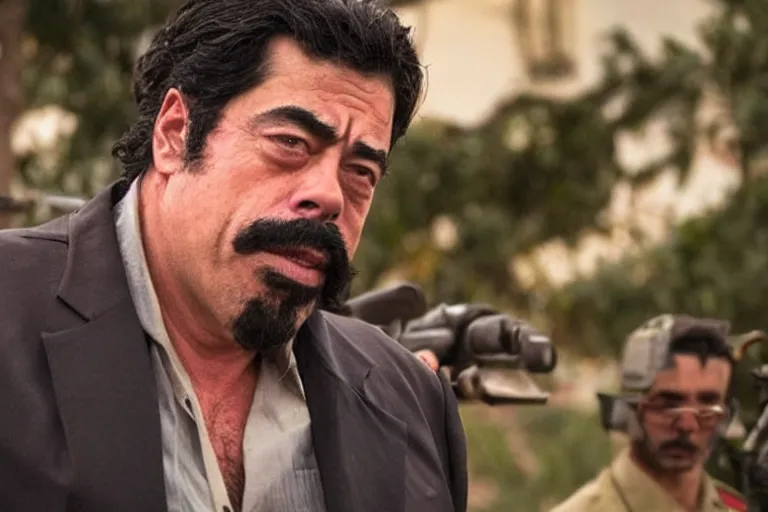 Image similar to Benicio Del Toro as Saddam Hussein in 'SadDamn Hussling 2' (2024), movie still frame, promotional image, imax 70 mm footage, oscar nominated cinematography, volumetric lighting, 8k resolution