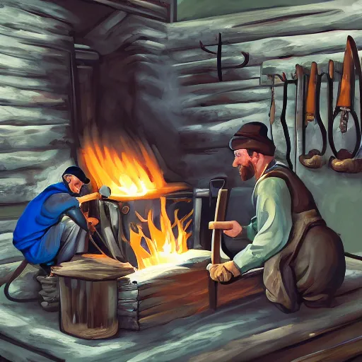 Prompt: blacksmith working in a mining village, fantasy