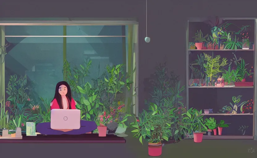 Prompt: a digital painting of a girl sitting in her room researching on her computer surrounded by terrariums with reptiles inside. dim lighting coming from your computer screen