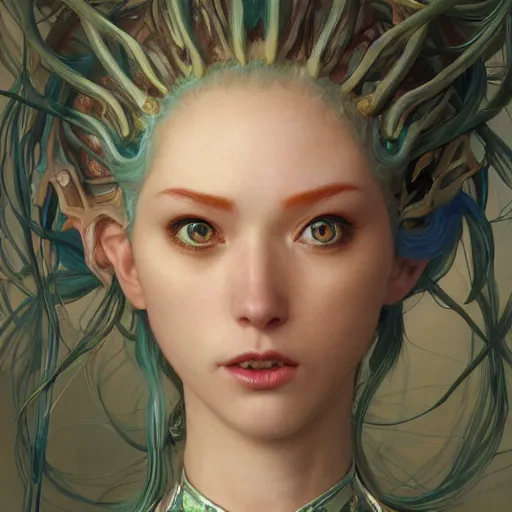 Image similar to Masterpiece head and shoulders portrait of Jinx from League of Legends of Arcane animated Series drawn by Donato Giancola and Makoto Shinkai, Edmund Leighton, Alphonse Mucha, background by James Jean and Gustav Klimt, 4k, porcelain skin, volumetric lighting, komorebi, french nouveau, trending on artstation, octane render, hyperrealistic