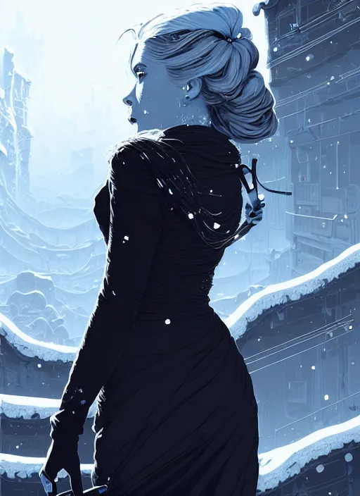 Image similar to highly detailed portrait of a hopeful frostpunk long blonde hair lady with curvy short black dress, stray wiring by atey ghailan, james gilleard, by joe fenton, by greg rutkowski, by greg tocchini, by kaethe butcher, 4 k resolution, gradient blue, black and white color scheme!!! ( ( ice and snow entrenched robotic dystopian city background ) )