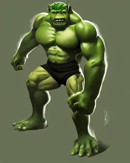 Image similar to « a 2 d portrait of a muscular green orc, reddit contest winner, ilya kuvshinov, 2 d art, parallax »