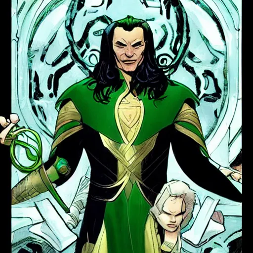 Prompt: The artwork is conceptual artwork for a graphic novel that shows Loki, the god of mischief, in a variety of emotional states. Lee Garbett created the artwork.