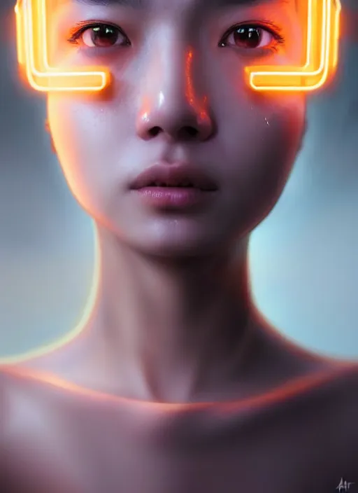 Image similar to photorealistic portrait of oriental female humanoid with freckle cheeks, nose stud, cyber neon lightings, highly detailed, cyberpunk high fashion, elegant, crispy quality, trending in artstation, trending in pinterest, glamor pose, no signature, no watermark, cinematic, octane render, art by artgerm, art by greg rutkowski, art by pascal blanche