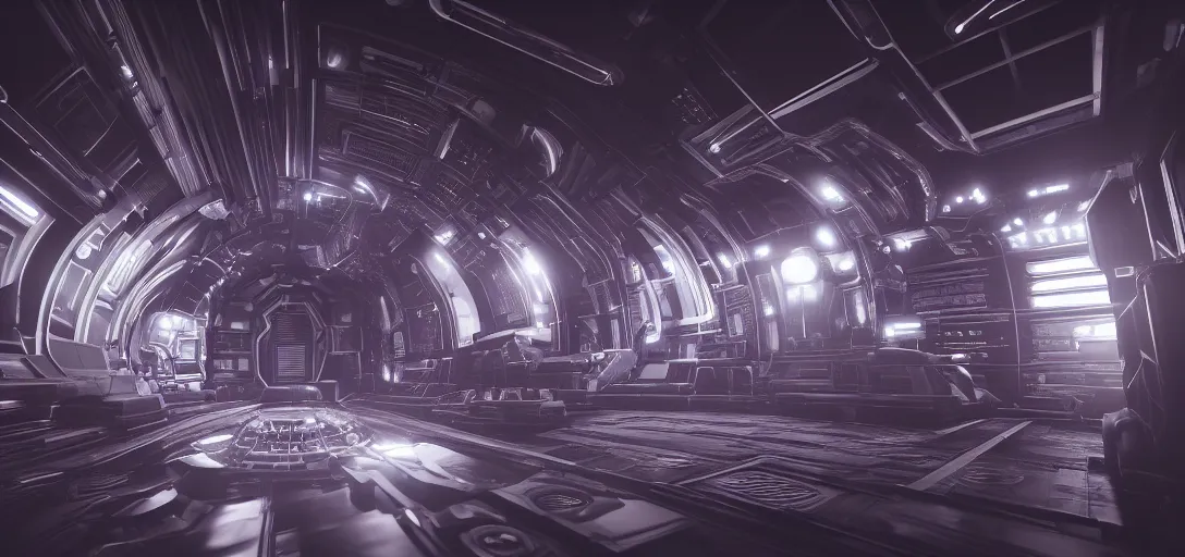 Image similar to dramatic render of interior of dark futuristic spaceship engine room at night, only light source is the large oblong shaped neon battery in the centre, ambient occlusion, raytracing, unreal engine, dramatic lighting, detailed,, global illumination, 3 d artstation by greg rutowski and neil blevins