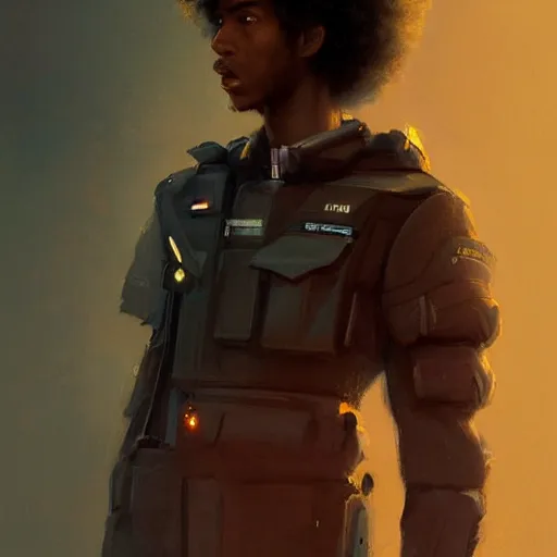 Image similar to portrait of a man by greg rutkowski, he is about 2 0 years old, mixture between afroamerican and japanese, afro hair, young, very tall and slender, he is wearing a futuristic police gear, highly detailed portrait, digital painting, artstation, concept art, smooth, sharp foccus ilustration, artstation hq