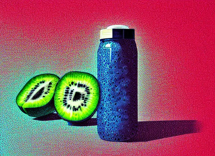 Image similar to ( ( dither ) ), editorial illustration strawberries blueberries sliced kiwi sliced lemon inside a clear drinking bottle, ( ( isometric ) ), modern art deco, ( ( mads berg ) ), karolis strautniekas, stippled light, fog, fine texture, dynamic composition, matte print, ( ( unreal engine ) ), surrealism, colorful