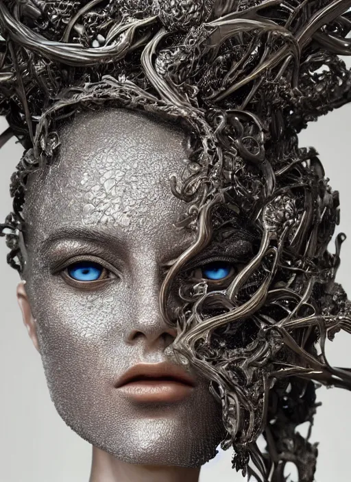 Image similar to sculpture made of metal, portrait, female, future, wood, tree, harper's bazaar, vogue, magazine, insanely detailed and intricate, concept art, close up, ornate, luxury, elite, elegant, trending on artstation, by ruan jia, by Kenneth Willardt, by ross tran, by WLOP, by Andrei Riabovitchev,