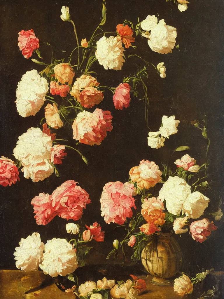 Prompt: painting, Dutch style, old masters, still life with flowers,