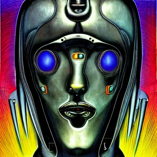 Image similar to futurist cyborg emperor, perfect future, award winning art by hr giger, iridescent color palette