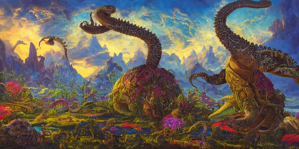 Image similar to fantasy oil painting, great leviathan, cybernetic turtle cephalopod terrapin reptilian pachyderm squid, bella hadid, hybrid, milla jovovich, anubis epic islamic city, natural light, lush plants flowers, spectacular mountains, bright clouds, luminous sky, outer worlds, golden hour, michael cheval, edward hopper, michael whelan, hd