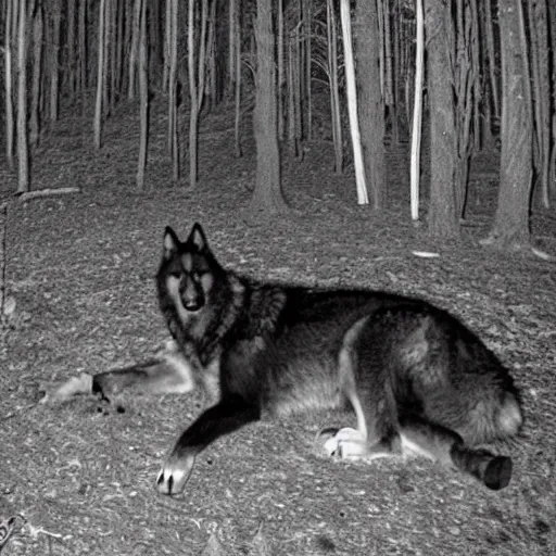 Prompt: trailcam footage of giant huge enormous wolf at night, black and white