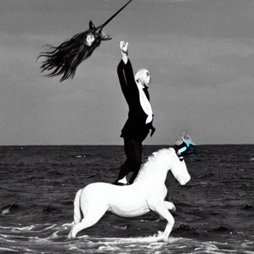Image similar to christopher lee throwing a beautiful unicorn into the sea
