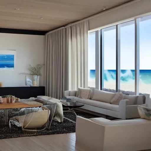 Image similar to contemporary interior design, beach house with luxurious living room and a scenic view of the sea and sun, photorealistic, ultra-detailed, high resolution, HDR shot