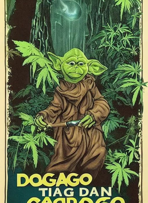 Image similar to vintage tourism poster for dagobah, depicting stoned yoda using force powers to smoke a blunt, surrounded by cannabis plants,