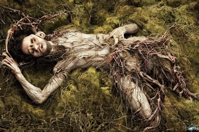 Prompt: photography of a tyrolean farmer, crawling on forest floor, wearing hay coat, with horns, roots coming out of mouth visible muscles and veins and arteries and bones and spines and nerves, eerie, flowers growing out of his body, detailed intricate insanely detailed octane render, 8k artistic 1920s photography, photorealistic, chiaroscuro, by David Cronenberg, Raphael, Caravaggio