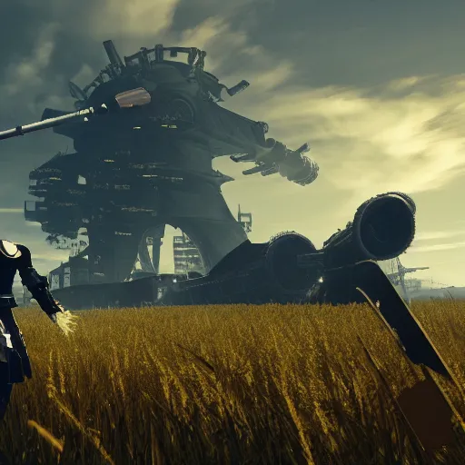 Image similar to a high resolution very detailed image of russian tank final boss battle from nier : automata in yellow rye field under pure blue skies