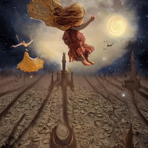 Image similar to realistic detailed children flying through the stars by emilia dziubak, will terry, greg olsen, chris mars, ann long, and mark brooks, dramatic, fairytale, art nouveau, victorian, neo - gothic, gothic, character concept design, storybook design