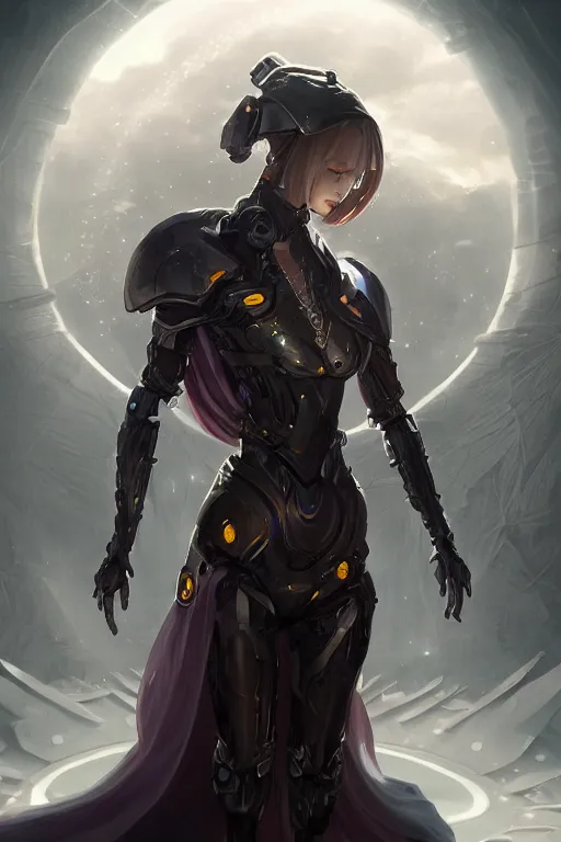 Prompt: beautiful cyborg priestess, scifi, perfect face, futuristic, elegant cape, aura of light, glow, drakengard, xianxia, concept art, decorations, sharp focus, inside a space ship, trending on artstation, hwang se - on, intricate, advanced technology, art by roman makarenko