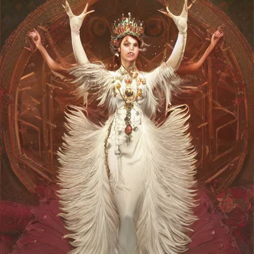 Image similar to a realistic queen with a decorated dress made of white pearls and white plumes of swan, highly detailed, digital painting, Trending on artstation , HD quality, by artgerm and greg rutkowski and alphonse mucha, dramatic light, octane