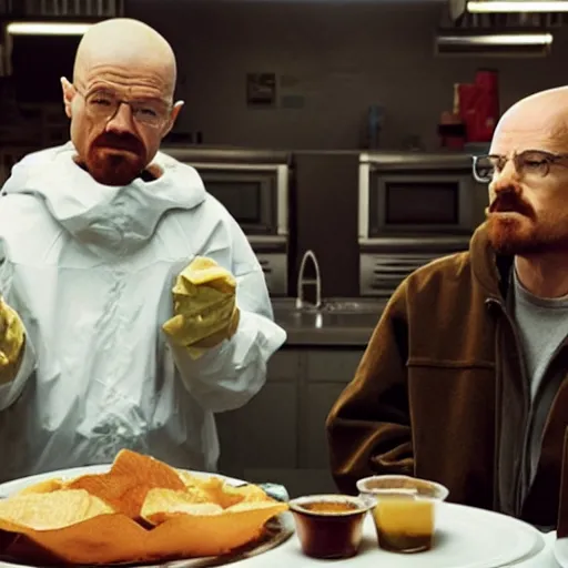 Image similar to walter white and jesse pinkman eating hamburger