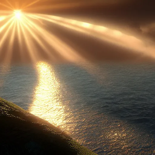 Prompt: a spectacular hyper real photo of the tyndall phenomenon when the golden sun shines through the clouds on the sea, by unreal engine.