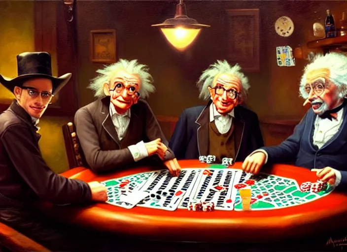 Image similar to playing poker in a saloon, Isaac Newton and Stephen Hawking and Albert Einstein, by Mandy Jurgens, trending on artstation, Richard Schmid and norman rockwell