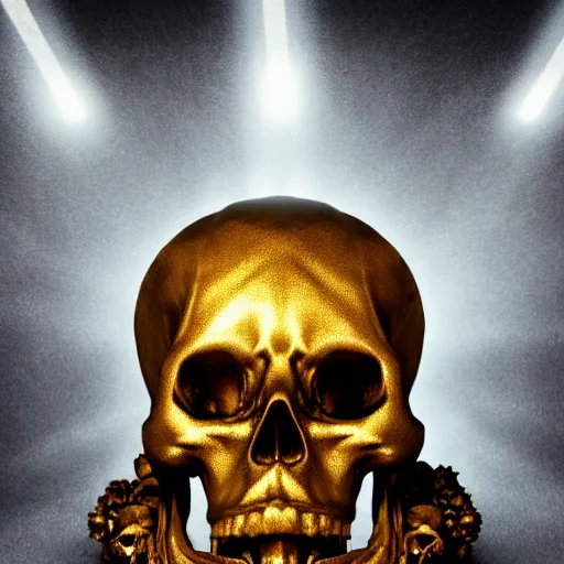 Image similar to chiaroscuro baroque still life octane render of a ray of god light shining on golden skull with head completely covered in engraved ancient runic inscriptions prophecies, spells, dark ominous background.