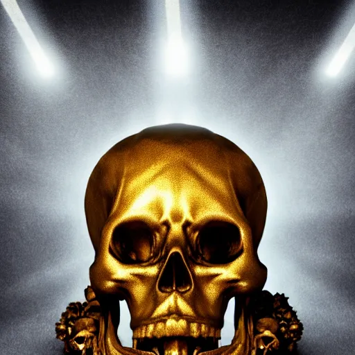 Prompt: chiaroscuro baroque still life octane render of a ray of god light shining on golden skull with head completely covered in engraved ancient runic inscriptions prophecies, spells, dark ominous background.