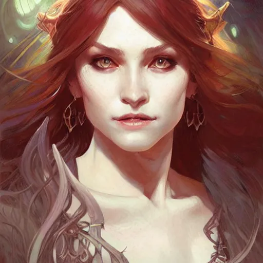 Prompt: Three quarters portrait of a female sorceress, highly detailed, digital painting, art by Stanley Lau and Artgerm and Greg Rutkowski and Alphonse Mucha, artstation, cgsociety, RPG portrait, Dungeons & Dragons