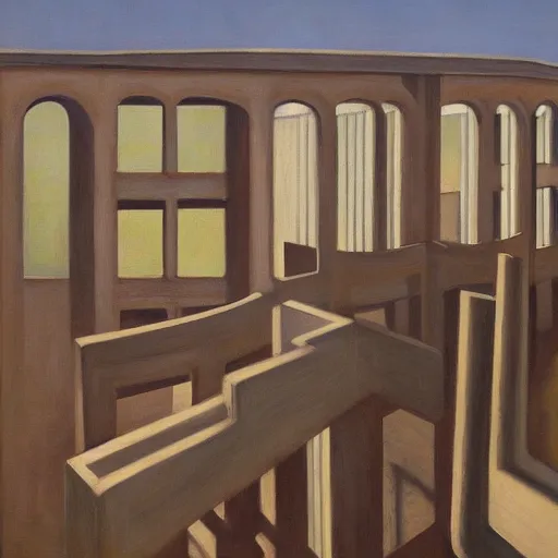 Image similar to first person view of a stark concrete maze, soy sauce brewery, grant wood, pj crook, edward hopper, oil on canvas