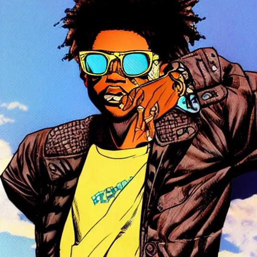 Image similar to a cool freckled black dude wearing shades with golden frizzy hair by masamune shirow