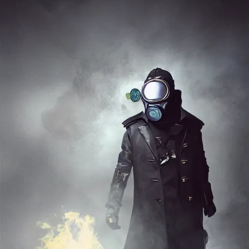 Prompt: hooden villain wearing a kamen rider gas mask, smoke coming out of his body and coat, dark background, unreal engine 5, ultra realistic, detailed, fog, volumetric lighting, by greg rutkowski,