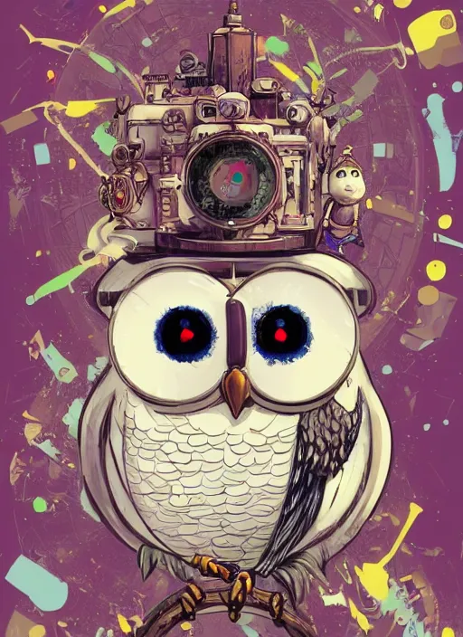 Image similar to anthropomorphic wise wealthy white - owl travels through time via steampunk portals, pixiv fanbox, dramatic lighting, maximalist pastel color palette, splatter paint, pixar and disney exploded - view drawing, graphic novel by fiona staples and dustin nguyen, peter elson, alan bean, wangechi mutu, clean cel shaded vector art, trending on artstation