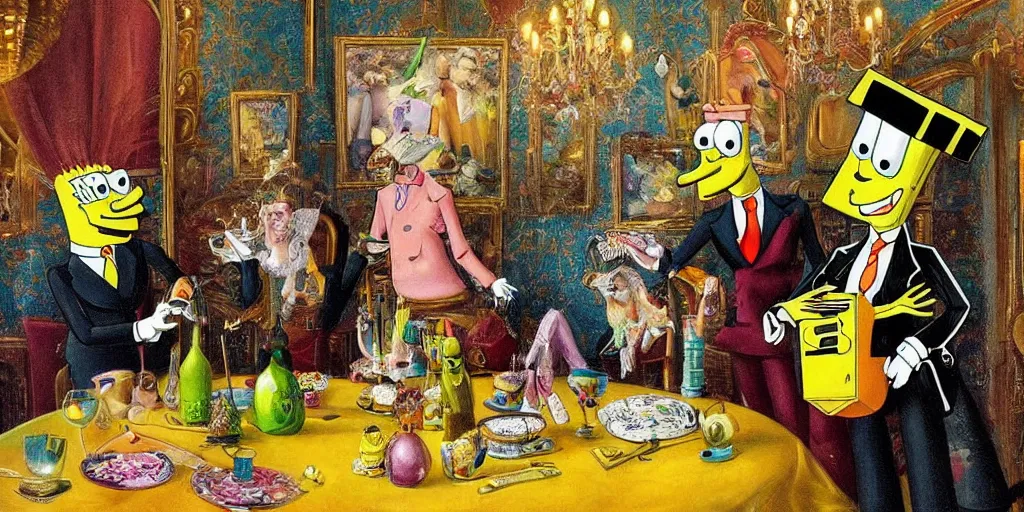 Image similar to a high detailed painting of a spongebob and patrick dressed in expensive and fancy designer clothes at a party in a luxurious hotel in new york ,surrealism, magical realism bizarre art