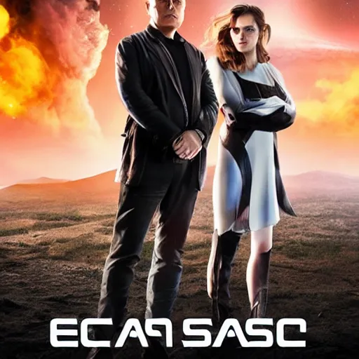 Image similar to elon musk and emma watson on epic sci fi movie poster 4k